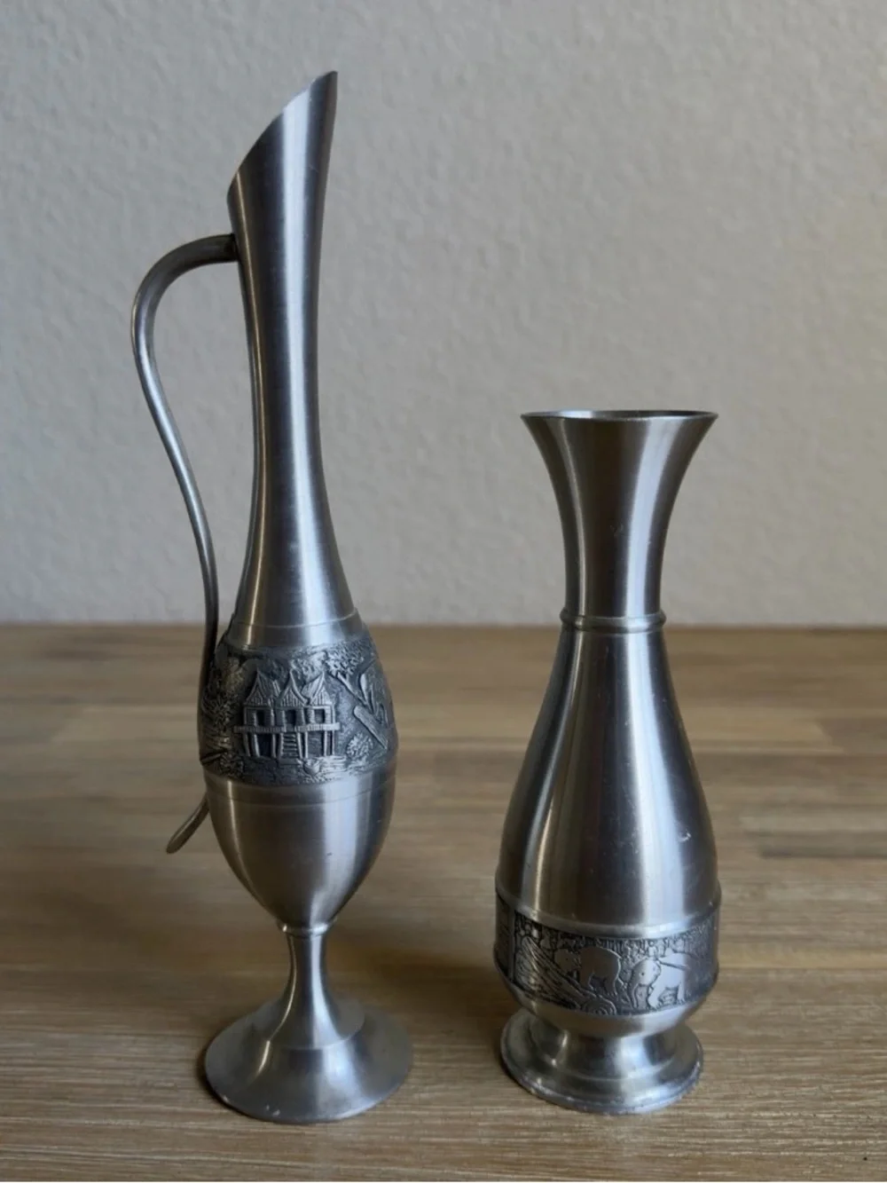 Vintage Pewter Skinny Bud Vases And Pitcher 8” and 6” Tall Silver Color Set of 2